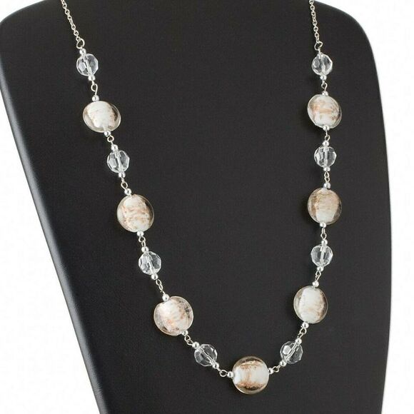 Handcrafted Murano Glass Puffed Coin Beads Clear White with Gold Sand Necklace - Picture 1 of 3